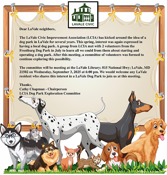 September 3, 2025 LCIA Dog Park Exploration Committee Meeting Informational Flyer